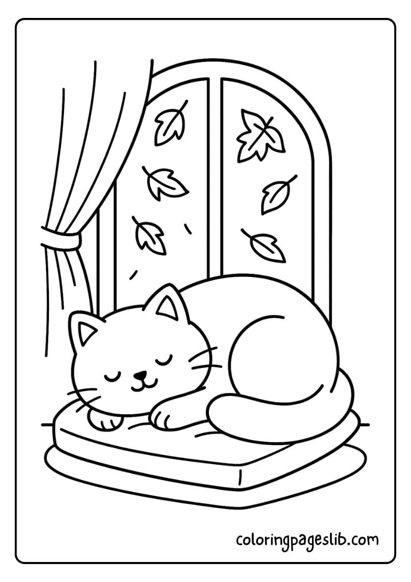 Cat sleeping on a windowsill with falling leaves outside