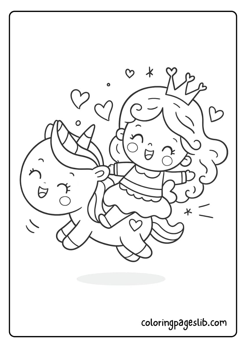 Chibi Princess Riding Unicorn – Princess and Unicorn Coloring Pages