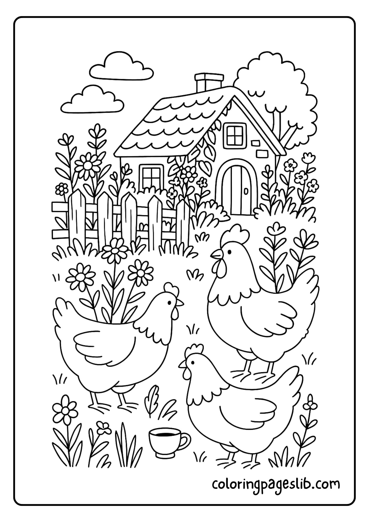 Chickens wandering near a wooden fence and cottage garden