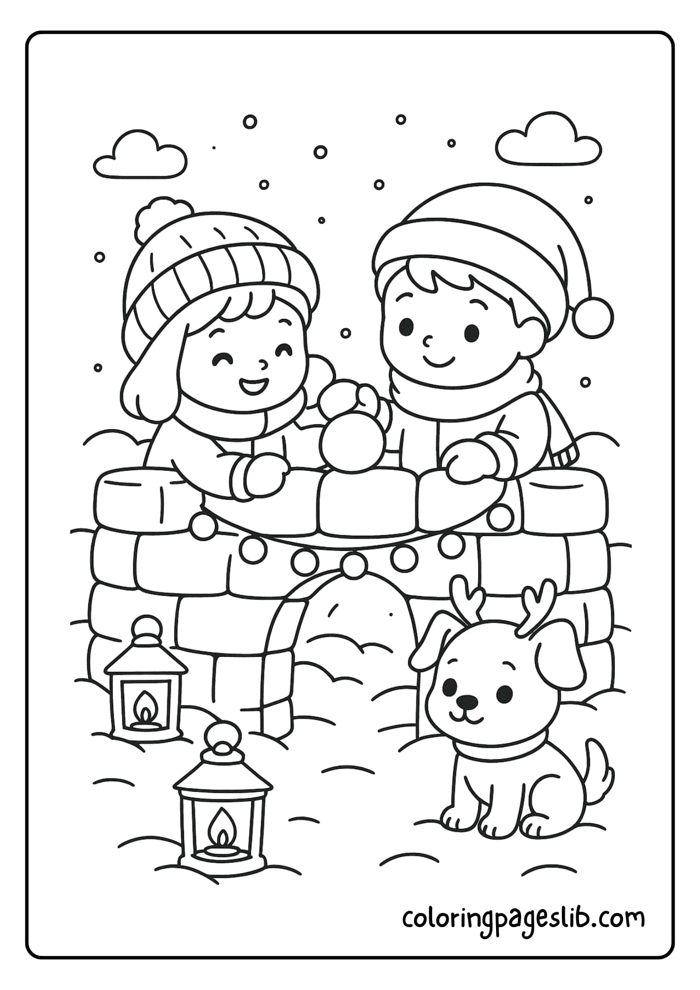 Children building a snow fort, with fairy lights strung between snow walls