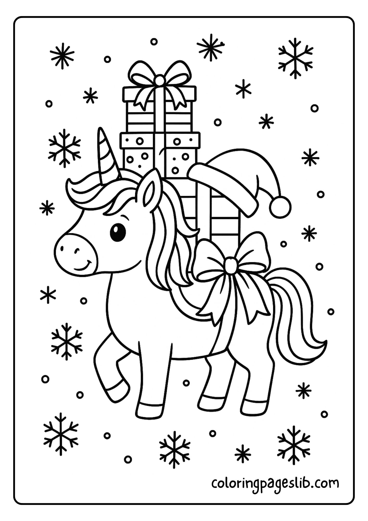 Christmas Unicorn with Gift Stack – Christmas Unicorn Coloring Pages