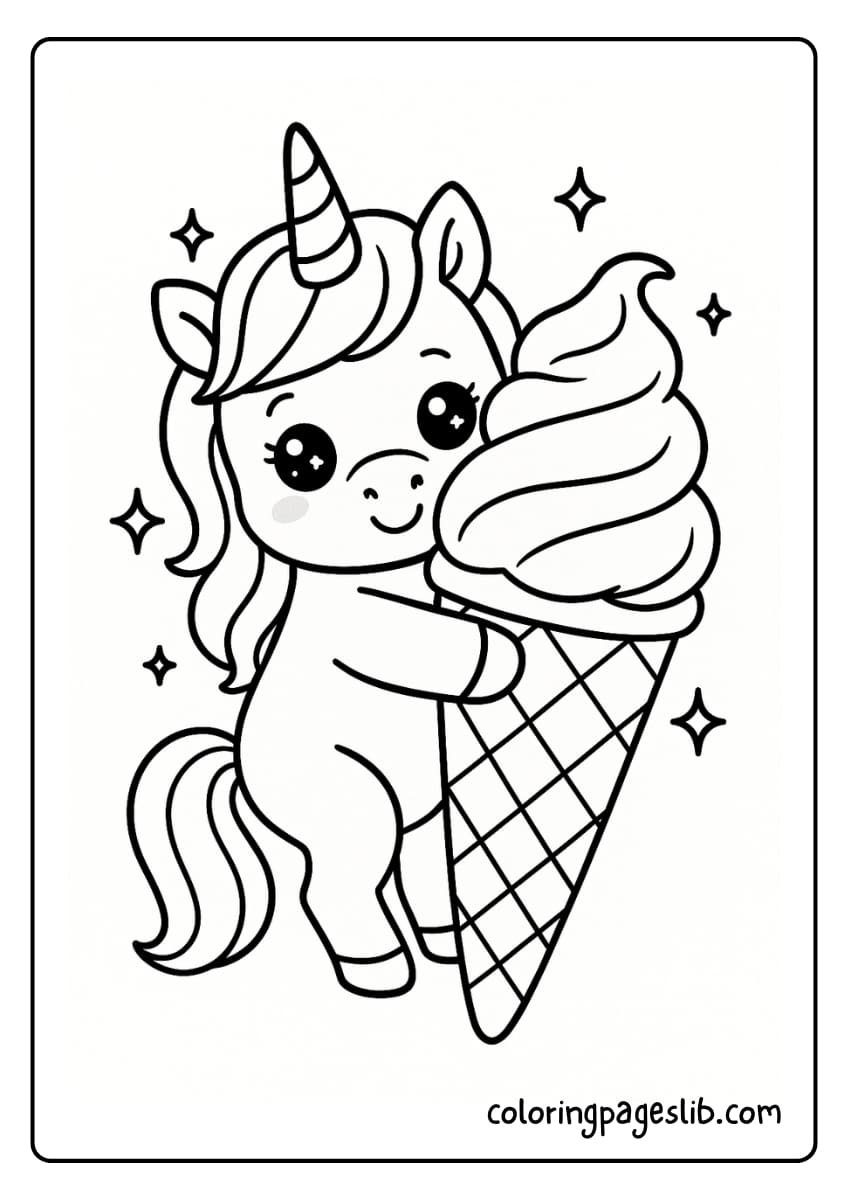 Cone Cuddle – Unicorn with Ice Cream Coloring Pages