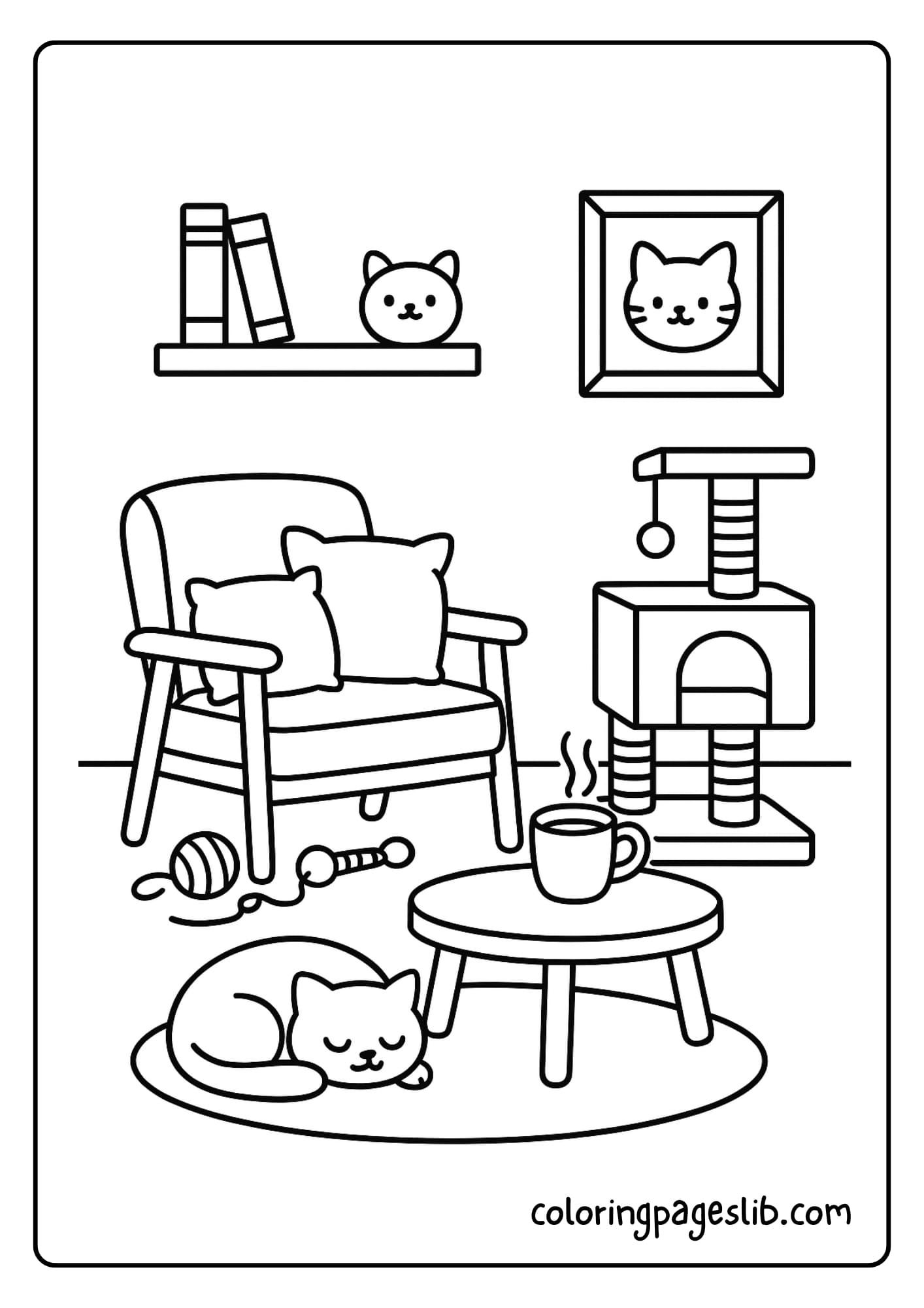 Cozy Cat Café at Home A low shelf with cat toys, a cat tower, a steaming latte on a small table, and a contented cat napping.