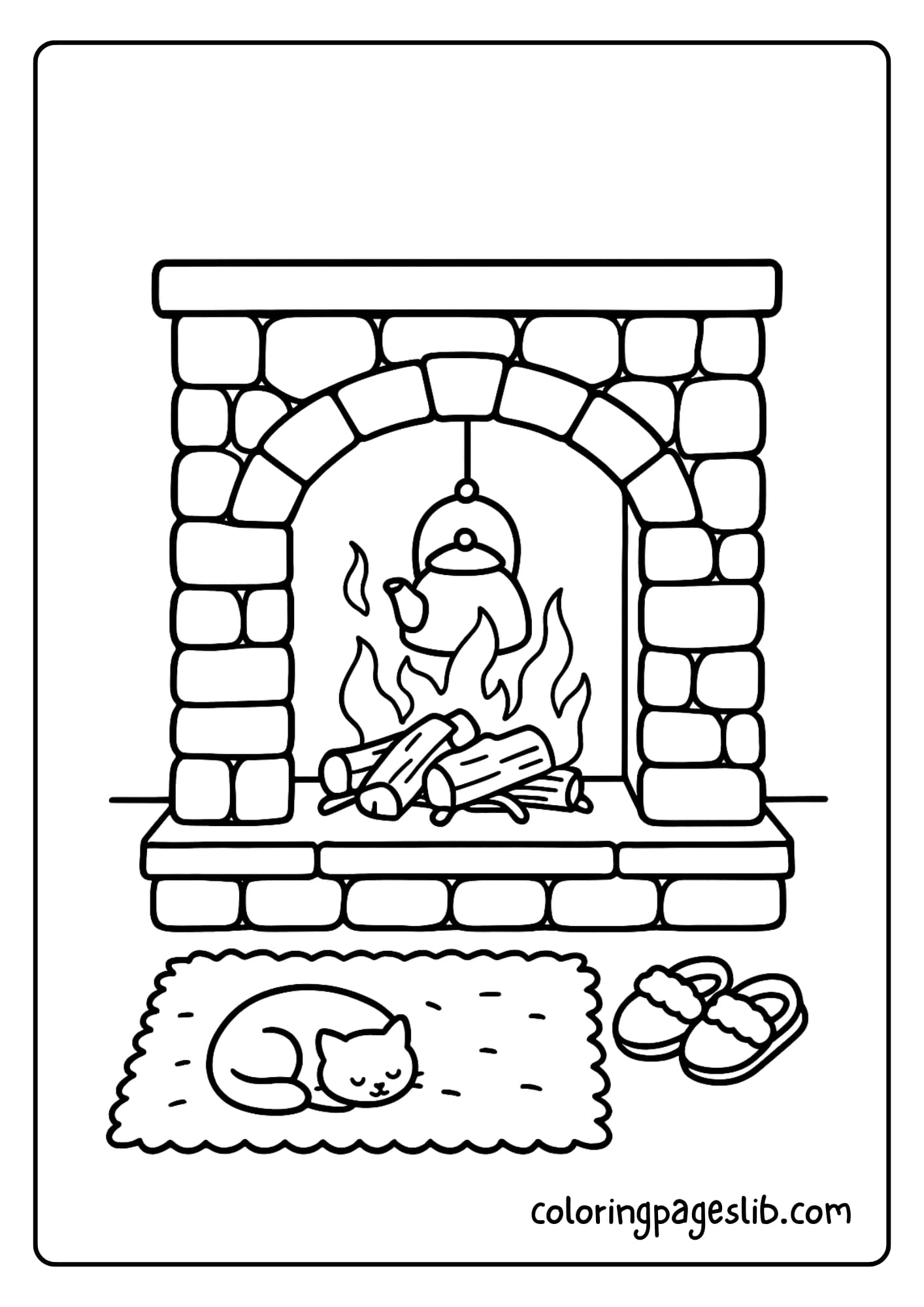 Cozy Fireplace Evening A stone hearth with crackling logs, a hanging tea kettle, a plush rug, and a pair of slippers waiting.