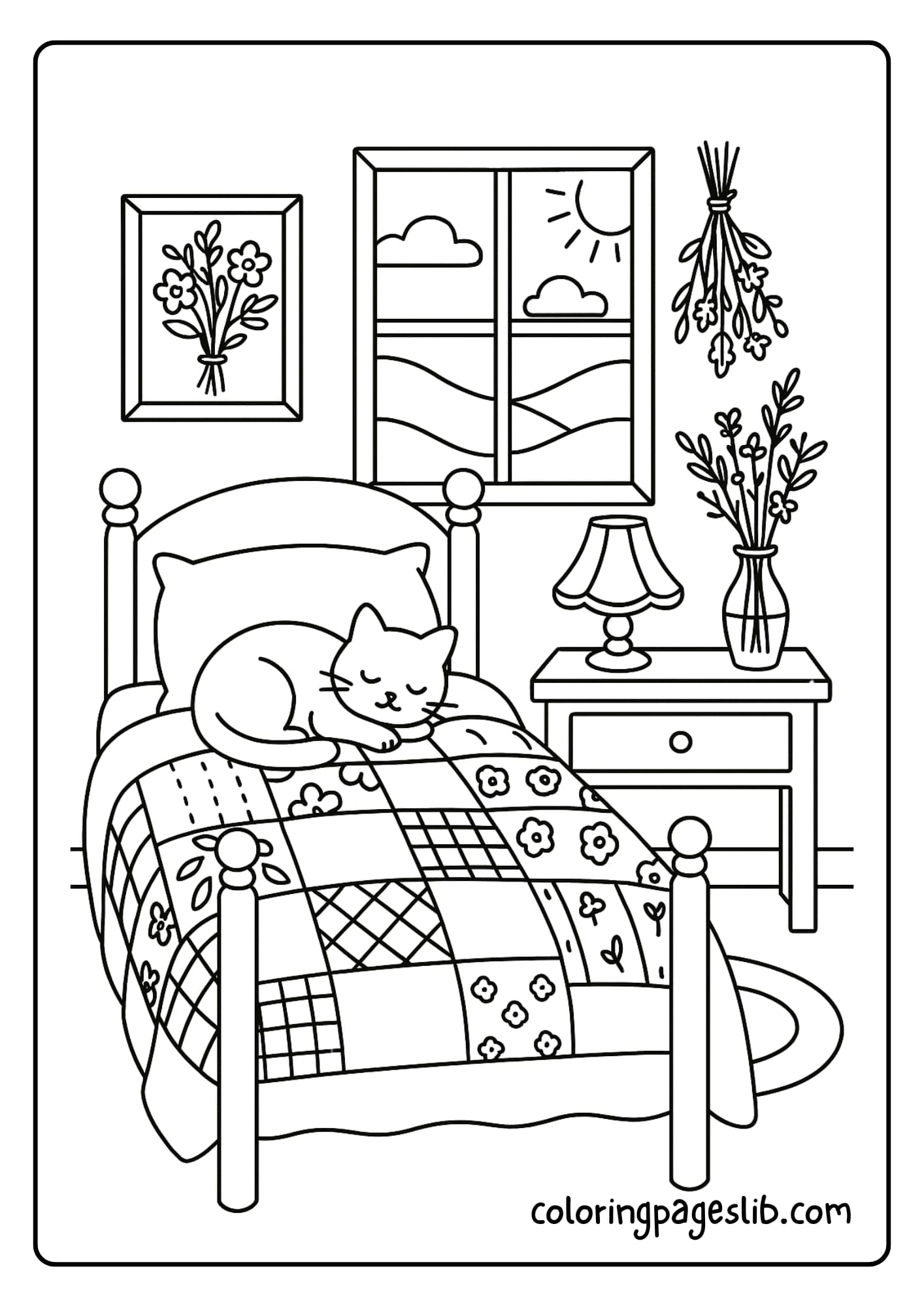 Cozy bedroom with patchwork quilt, dried flowers, and a cat