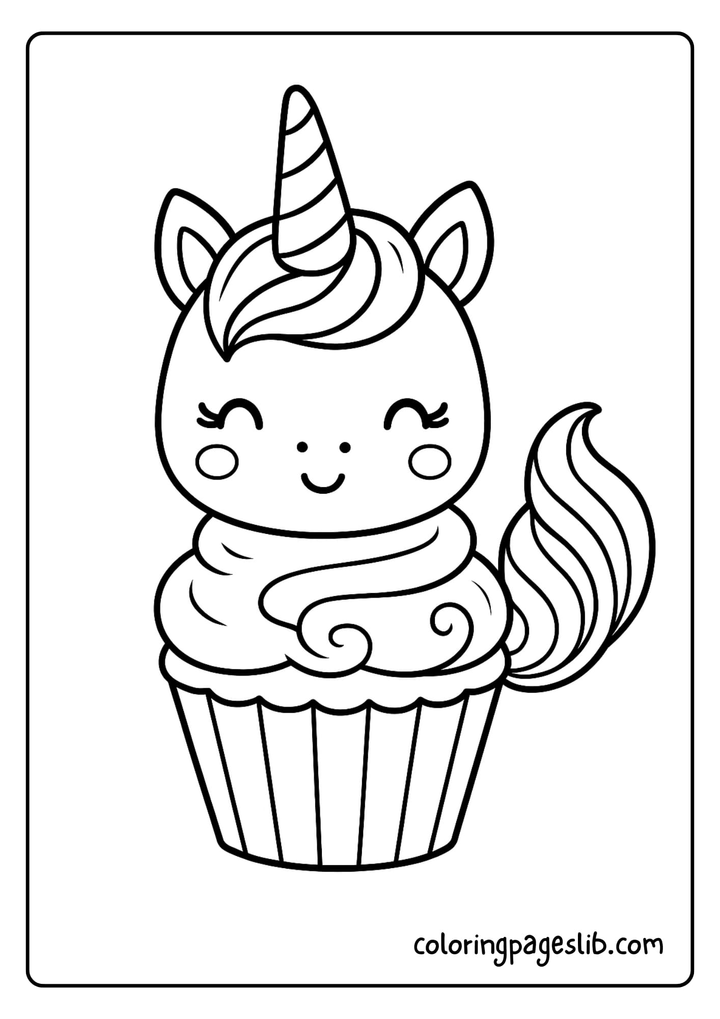Cupcake Unicorn with Swirled Tail and Candy Horn – Unicorn Cupcake Coloring Page