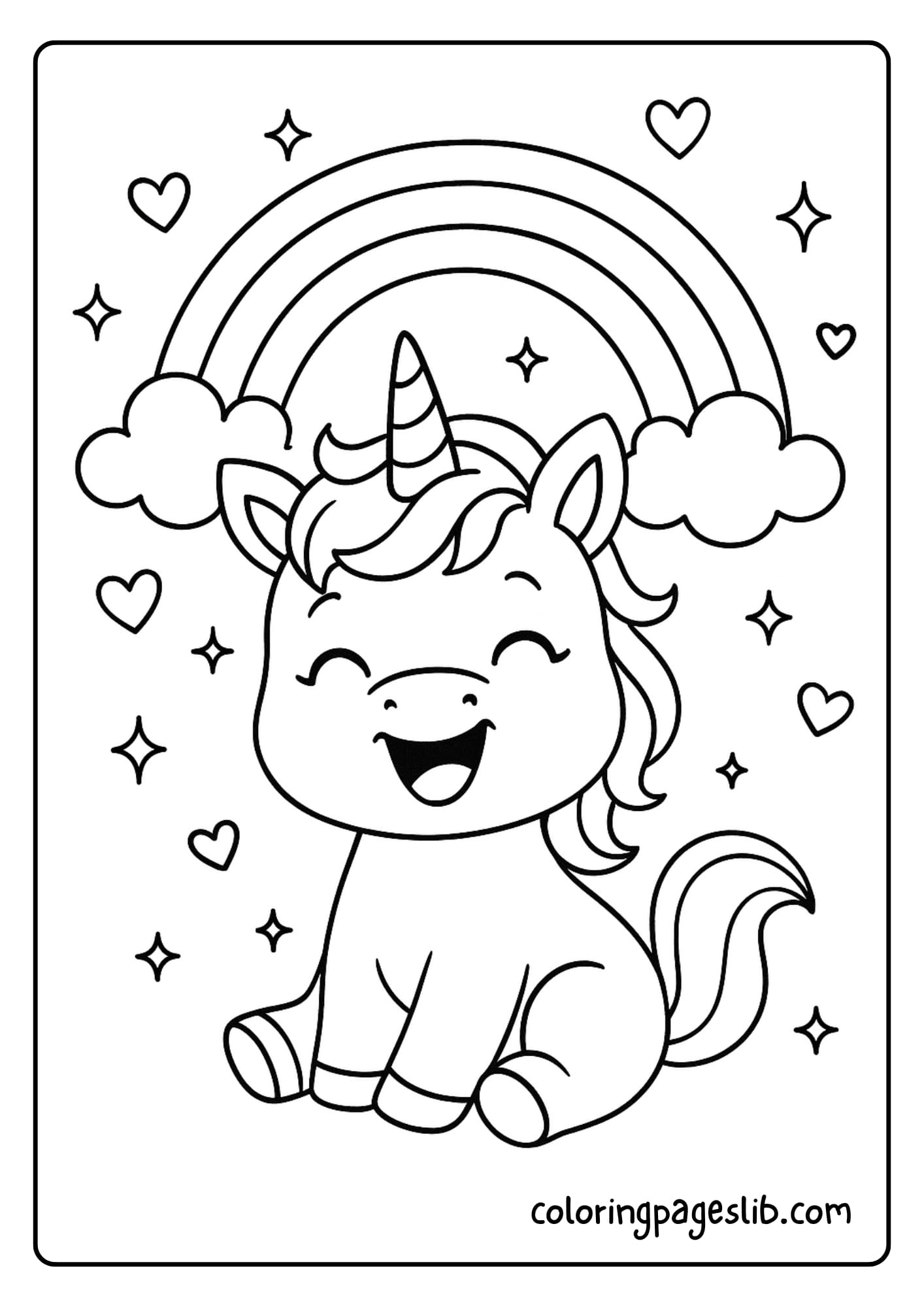 Cute Baby Unicorn Coloring Pages with Rainbow Smiles