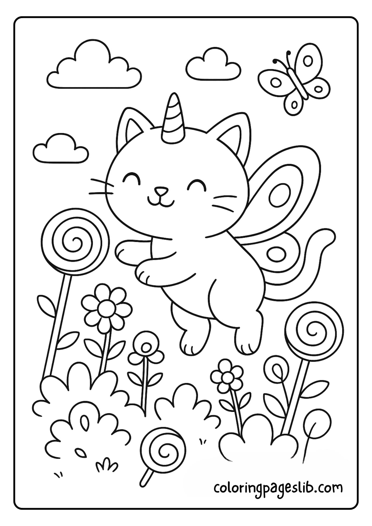 Cute Rainbow Butterfly Unicorn Kitty Coloring Pages – Playing in a Candy Garden