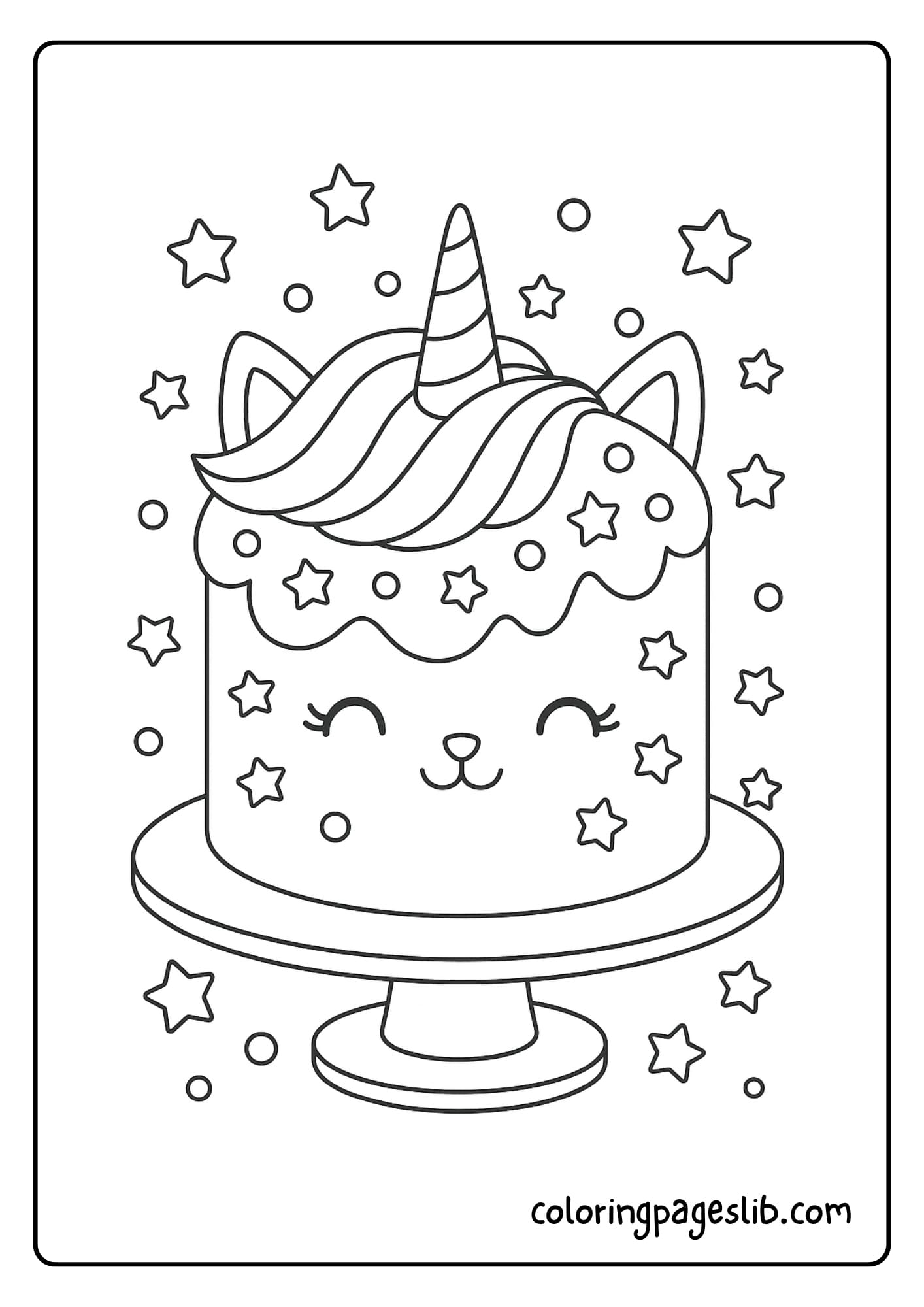 Cute Rainbow Unicorn Cake Coloring Pages – Smiling Face and Candy Decorations