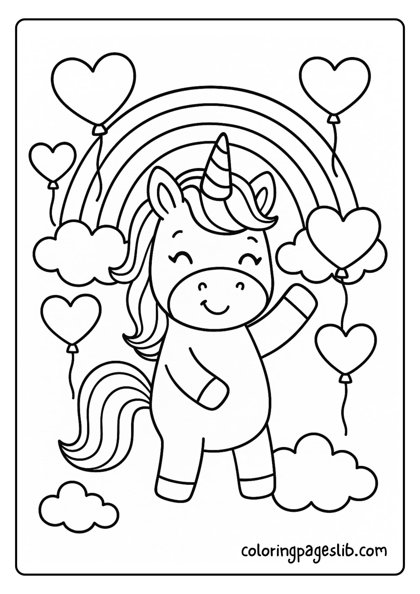 Cute Rainbow Unicorn Coloring Pages – Smiling with Heart Balloons