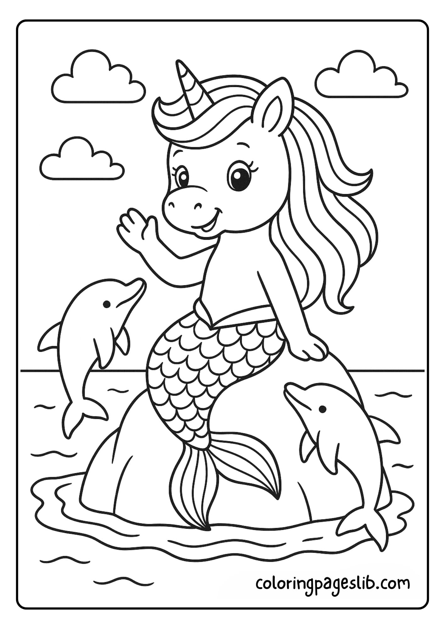 Cute Rainbow Unicorn Mermaid Coloring Pages – Sitting on a Rock with Dolphins