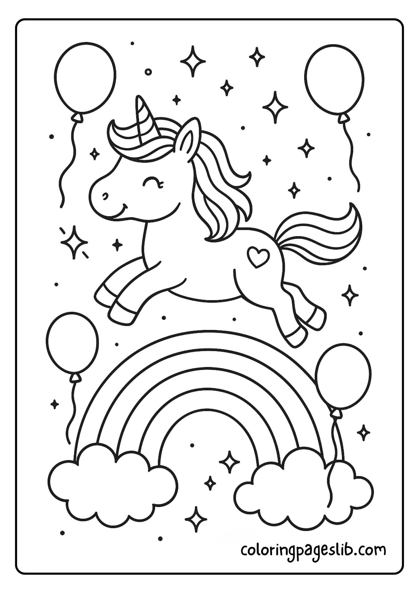 Cute Unicorn Jumping Over Rainbow Coloring Pages – With Sparkles and Balloons