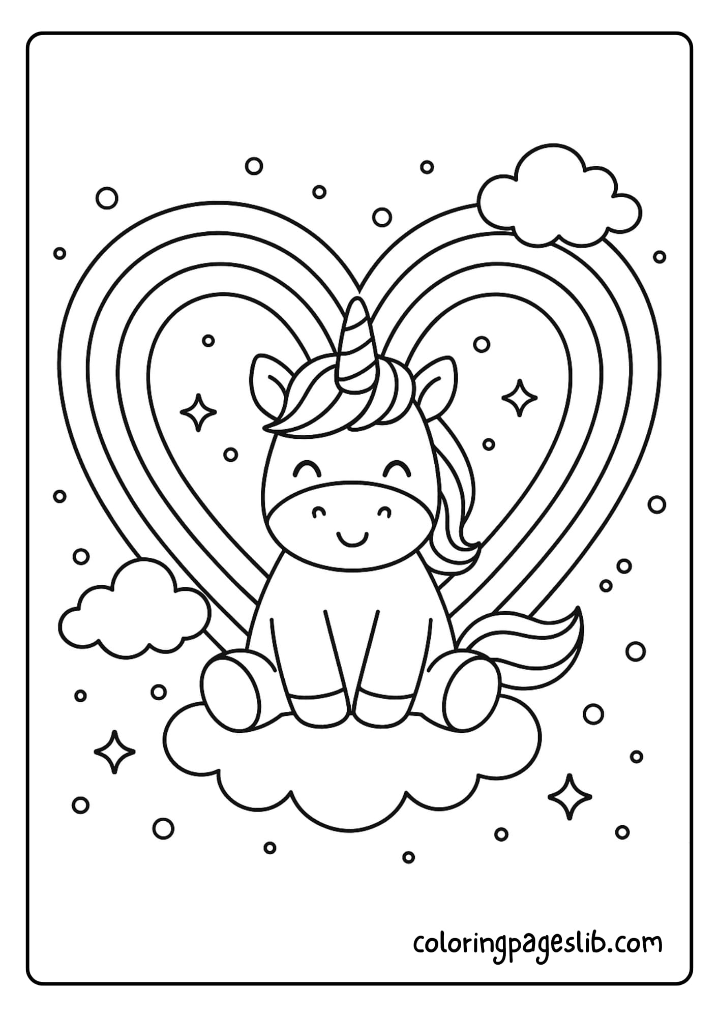 Cute Unicorn Rainbow Heart Coloring Pages – Sitting Inside a Heart-Shaped Frame