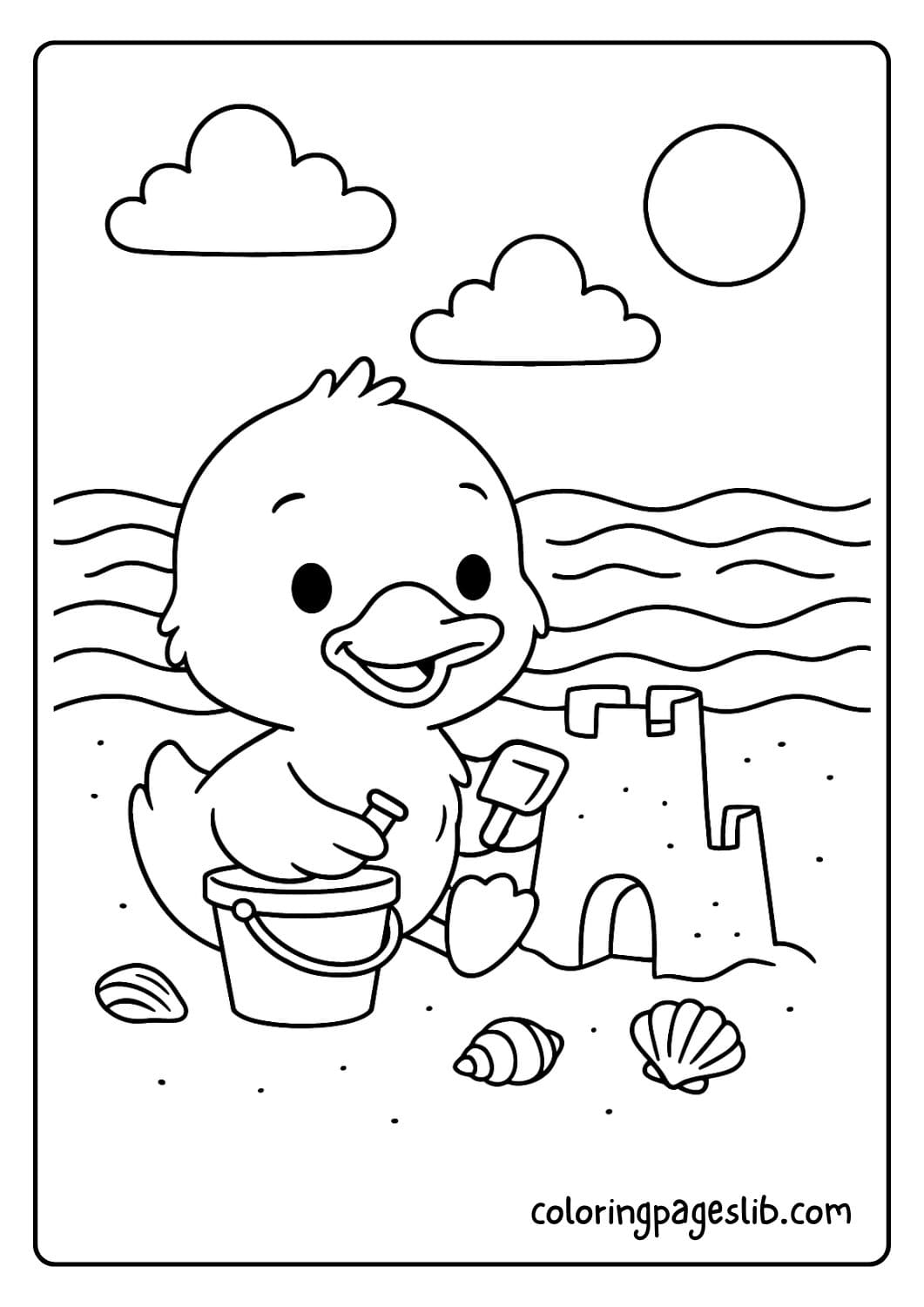 Cute duck building a sandcastle at the beach