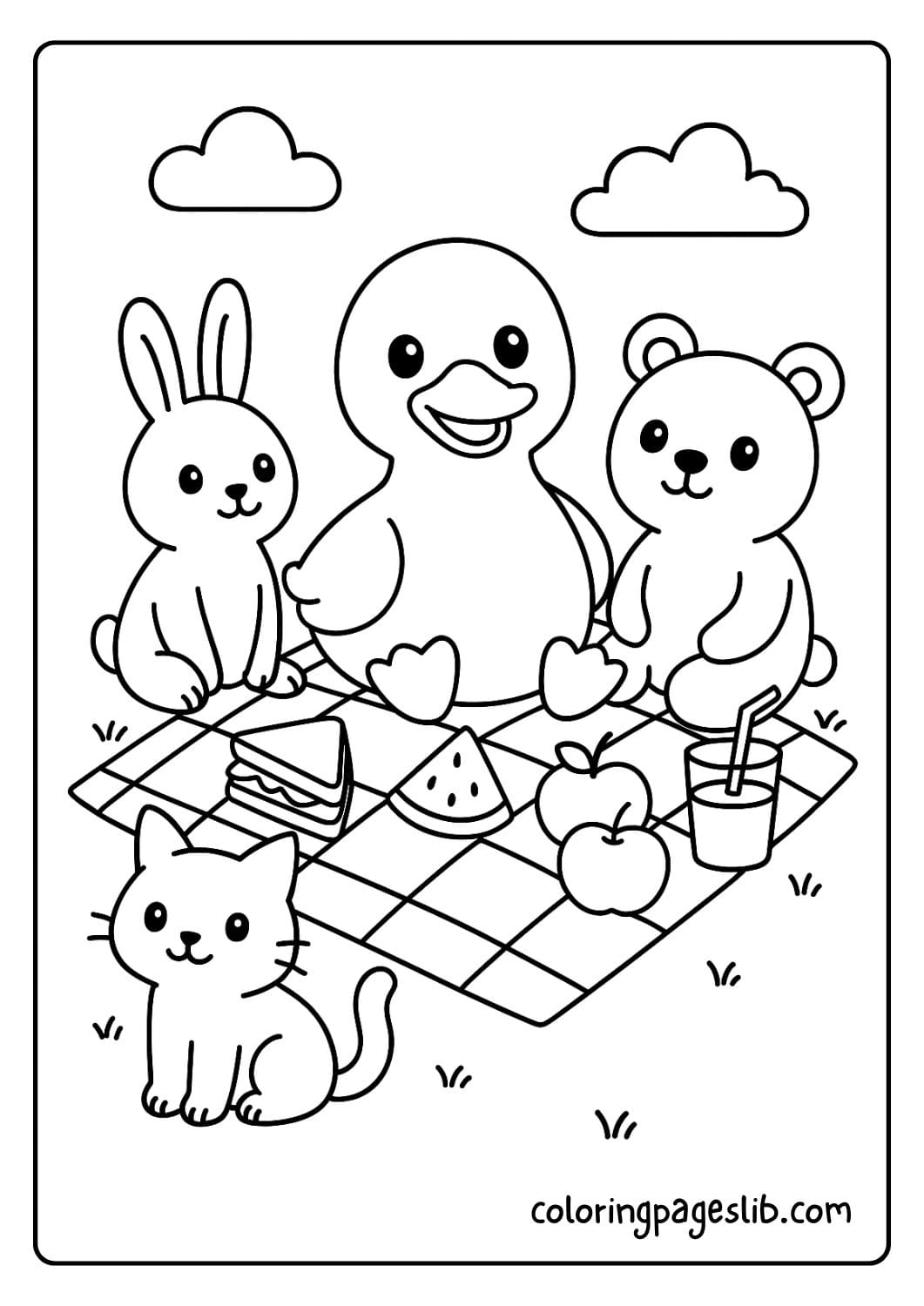 Cute duck having a picnic with friends in the park