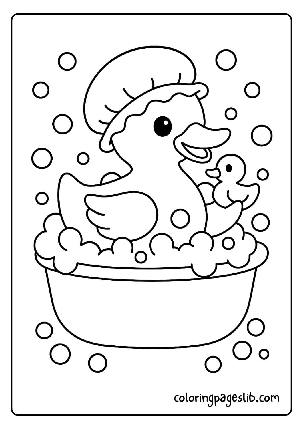 Cute duck playing with bubbles in the bathtub