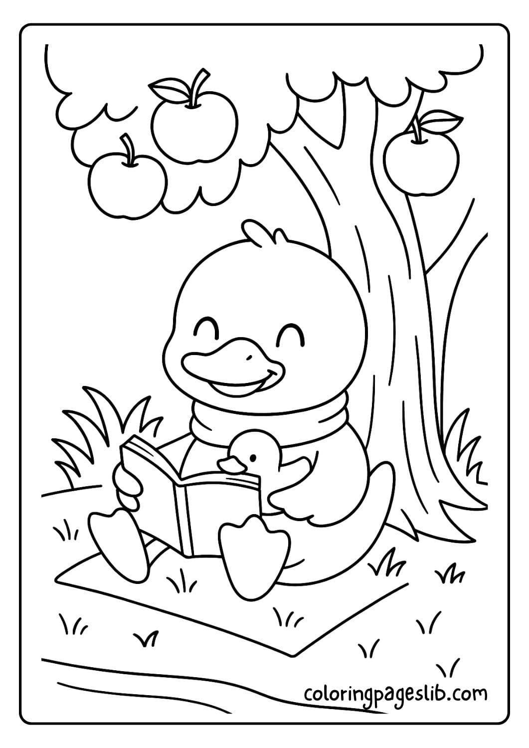 Cute duck reading a storybook under a tree