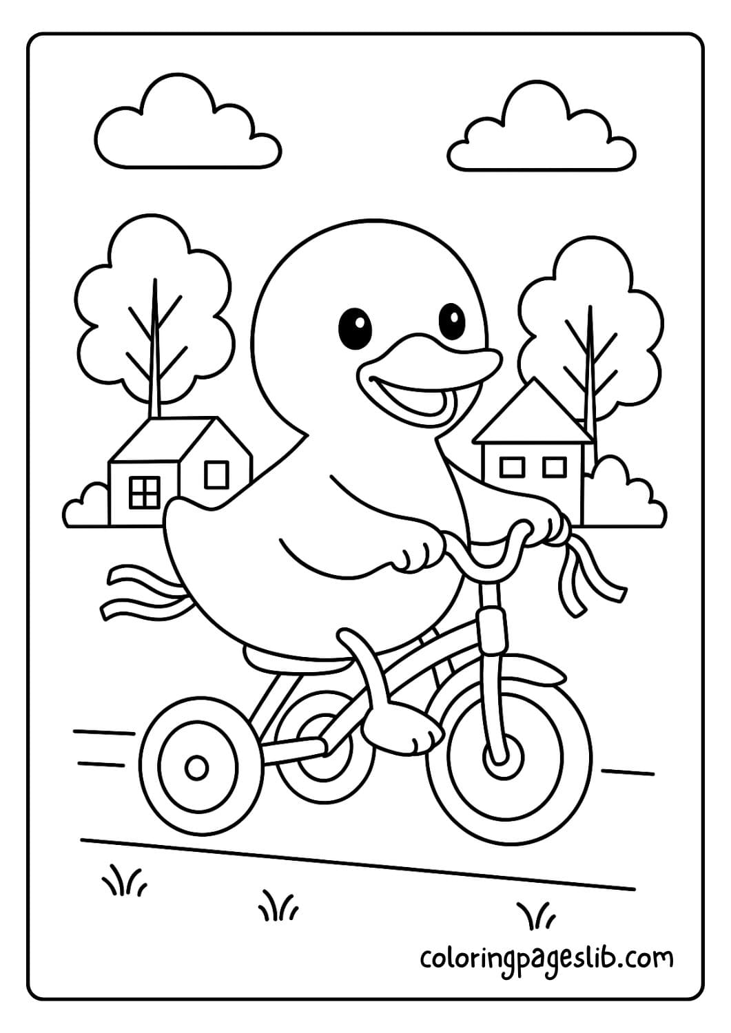 Cute duck riding a tricycle down the sidewalk