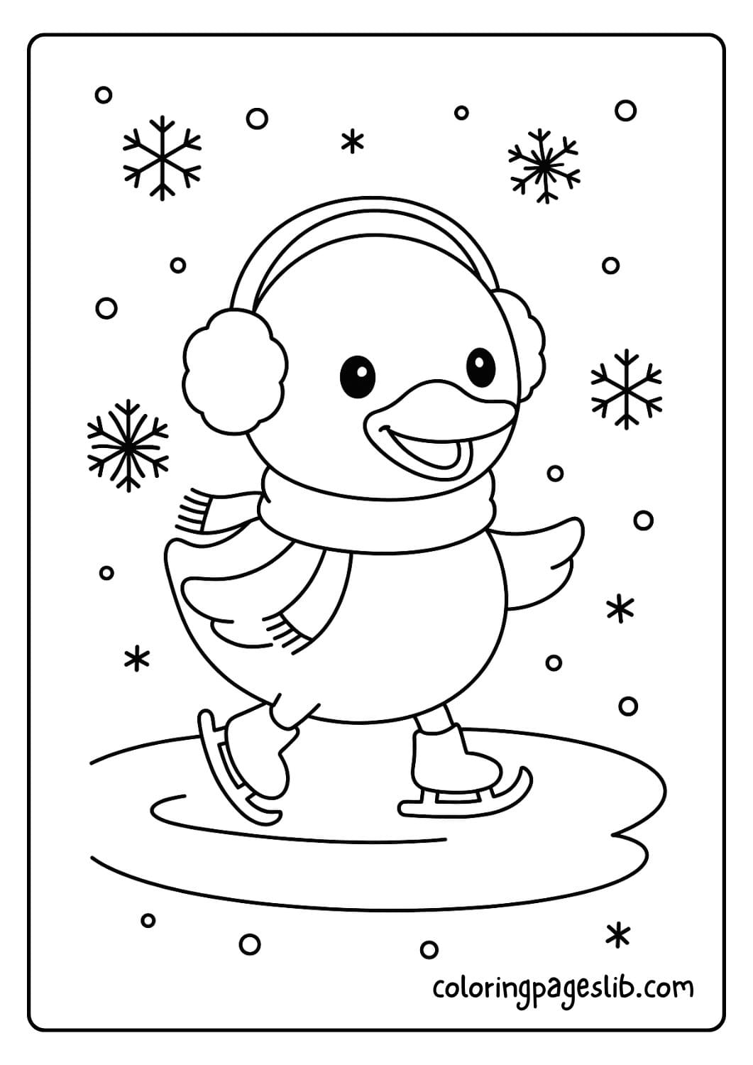 Cute duck skating on an icy pond in winter