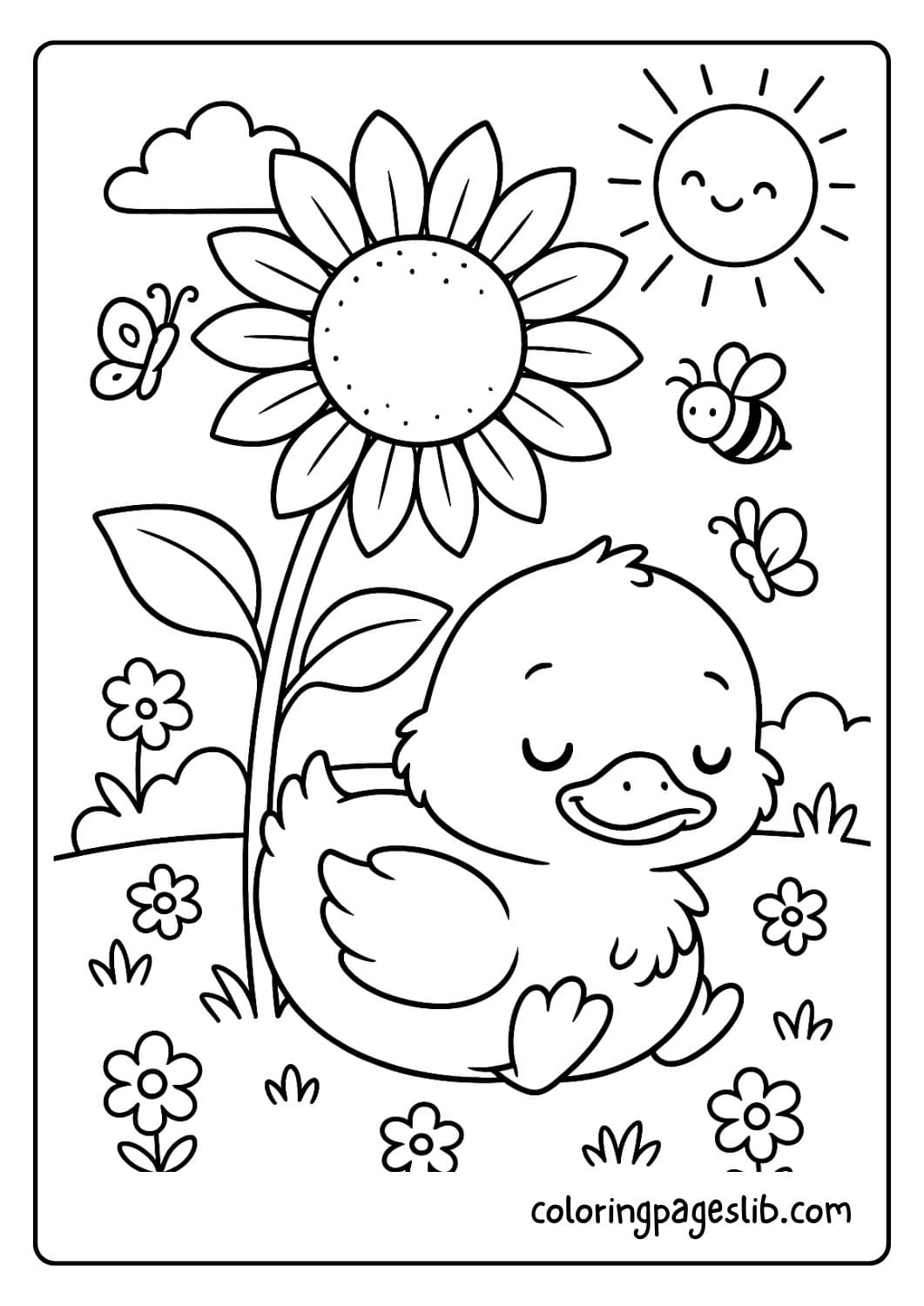 Cute duck taking a nap under a sunflower