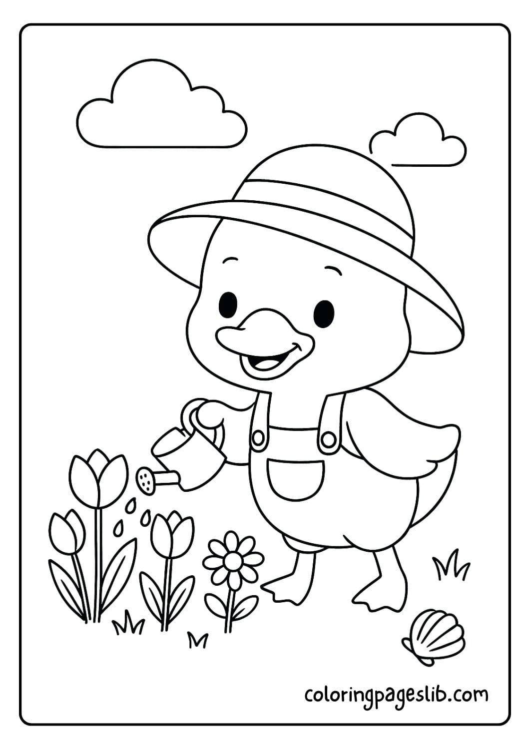 Cute duck watering flowers in the garden