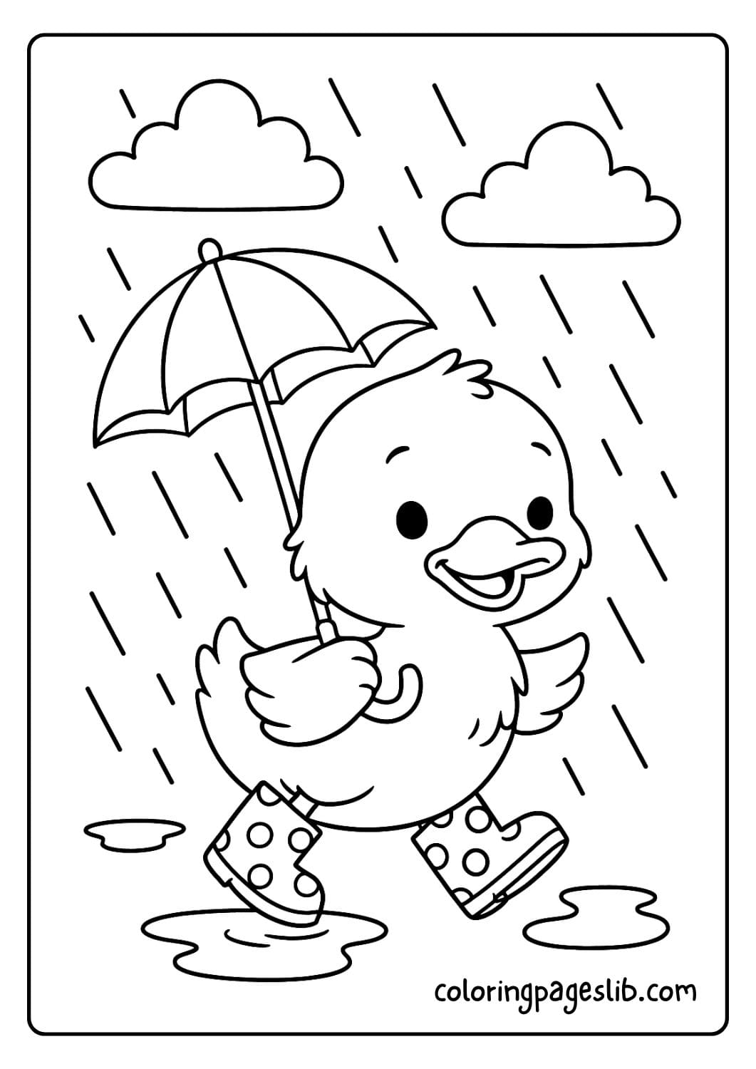 Cute duck wearing rain boots and a hat on a rainy day