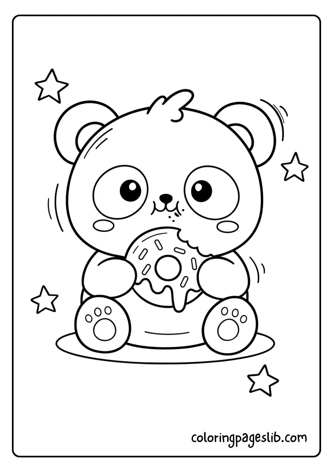 Cute panda coloring page holding a dripping donut with stars around