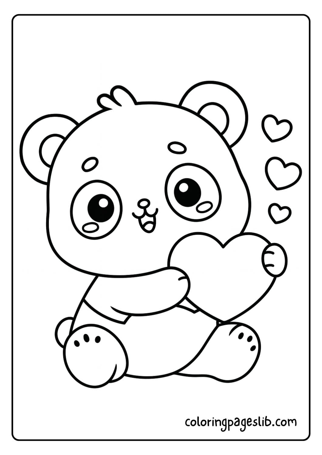 Cute panda coloring page hugging a big heart with floating hearts around