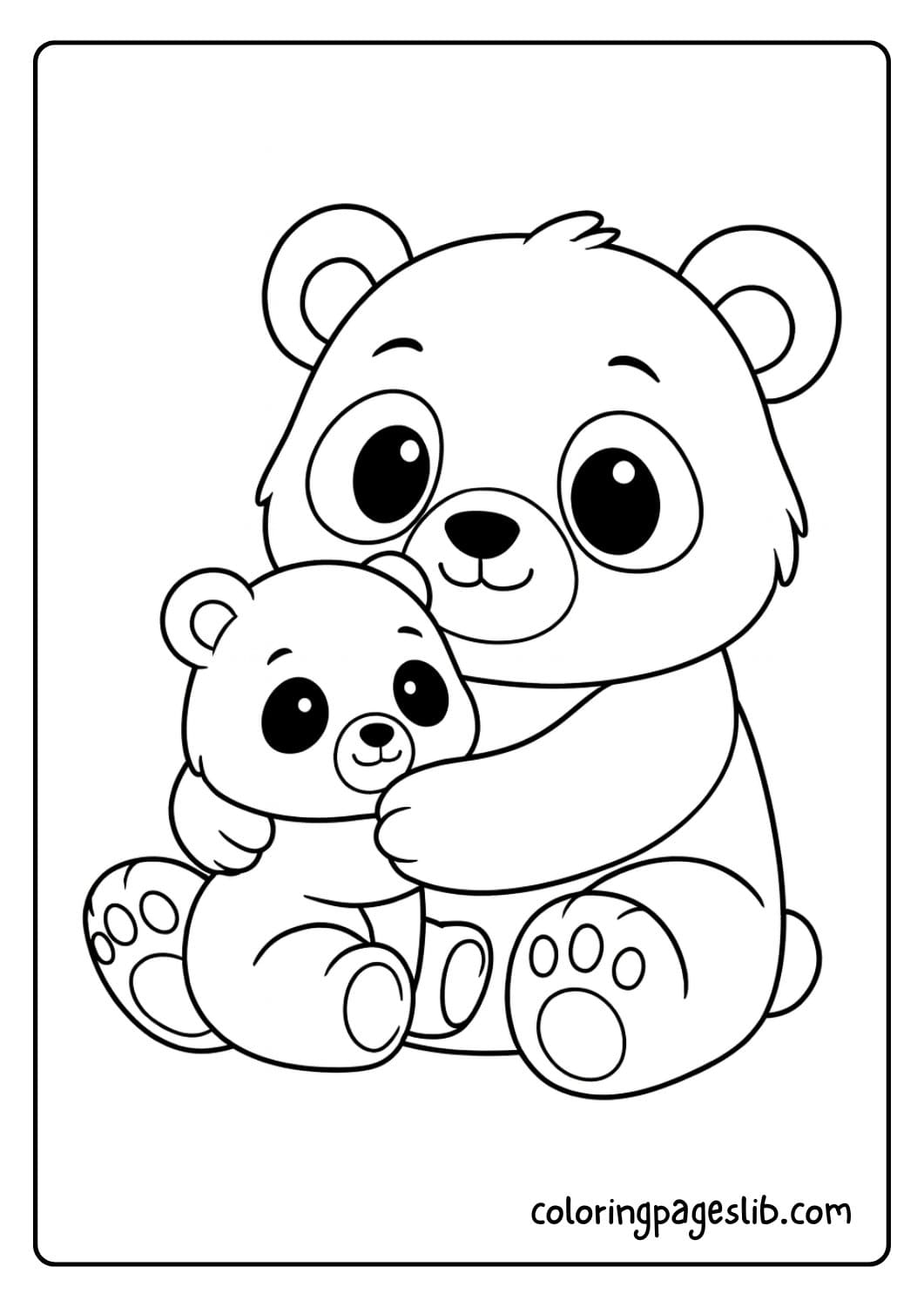 Cute panda coloring page of a parent panda hugging a baby panda