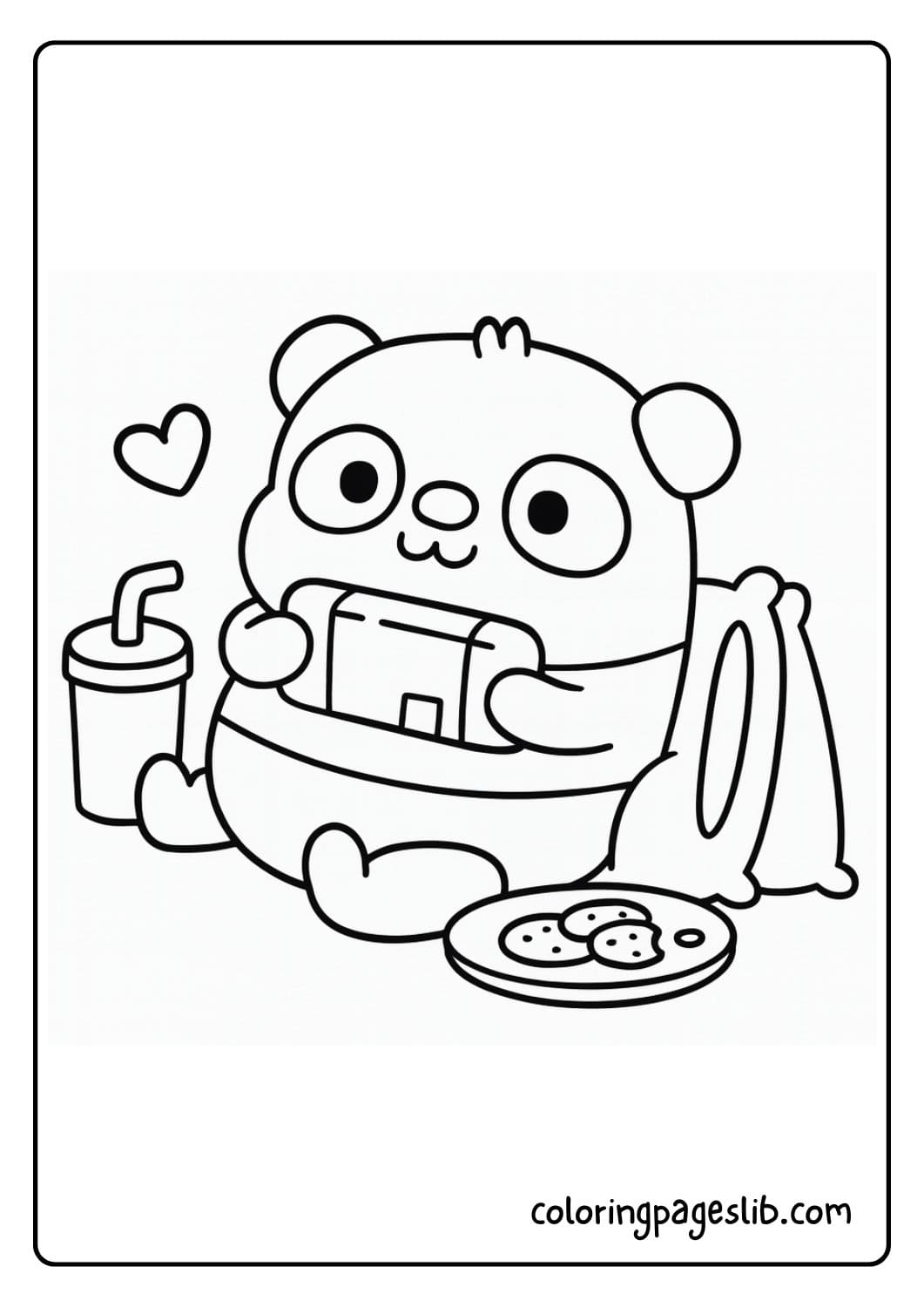 Cute panda coloring page playing a handheld game with cookies, drink, and backpack nearby