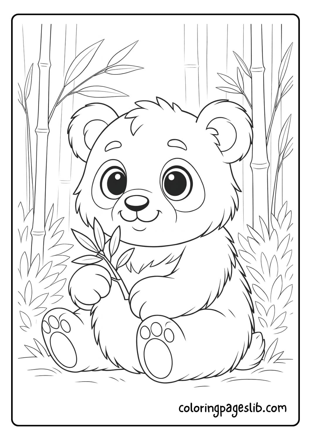Cute panda coloring page sitting in a bamboo forest holding a leafy branch