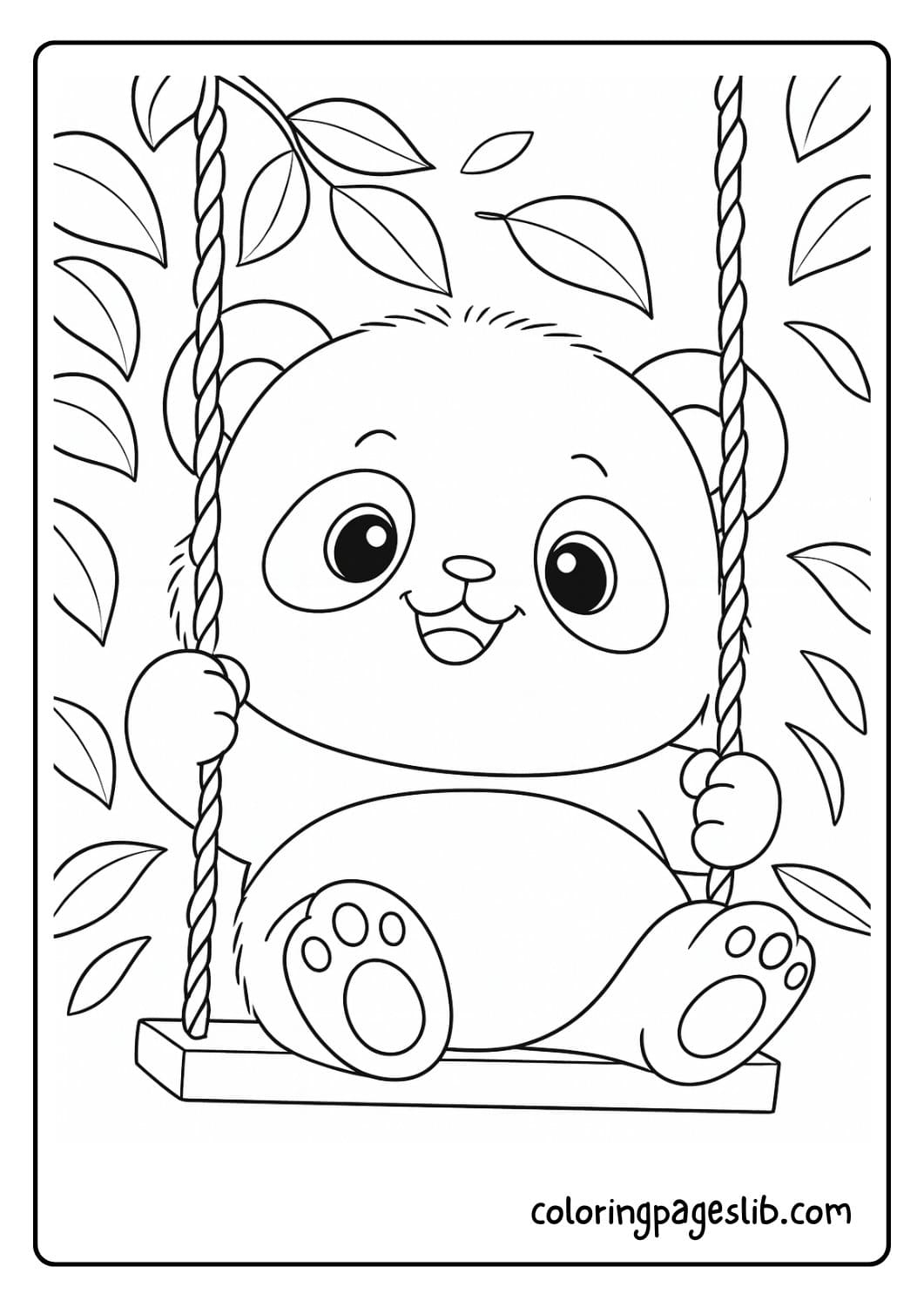 Cute panda coloring page sitting on a swing surrounded by leafy branches