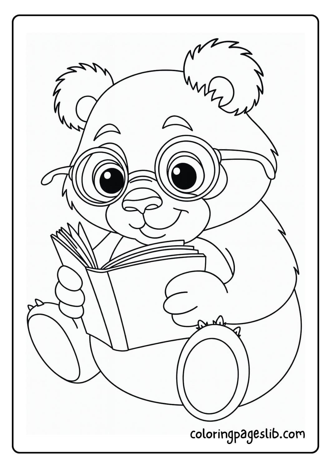 Cute panda coloring page wearing glasses and reading a book