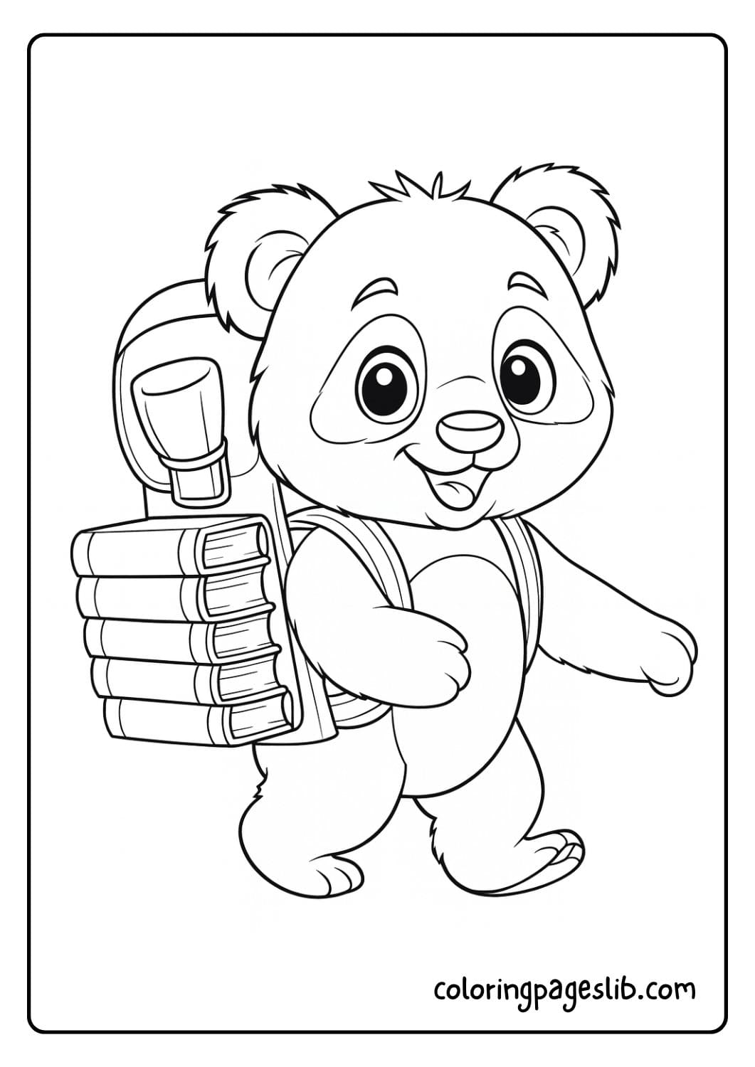 Cute panda coloring page with a backpack full of books walking to school