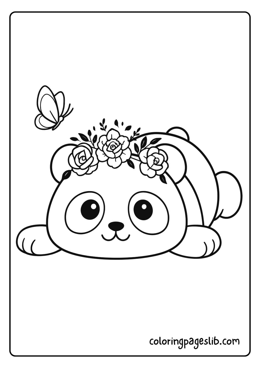 Cute panda coloring page with a flower crown watching a butterfly