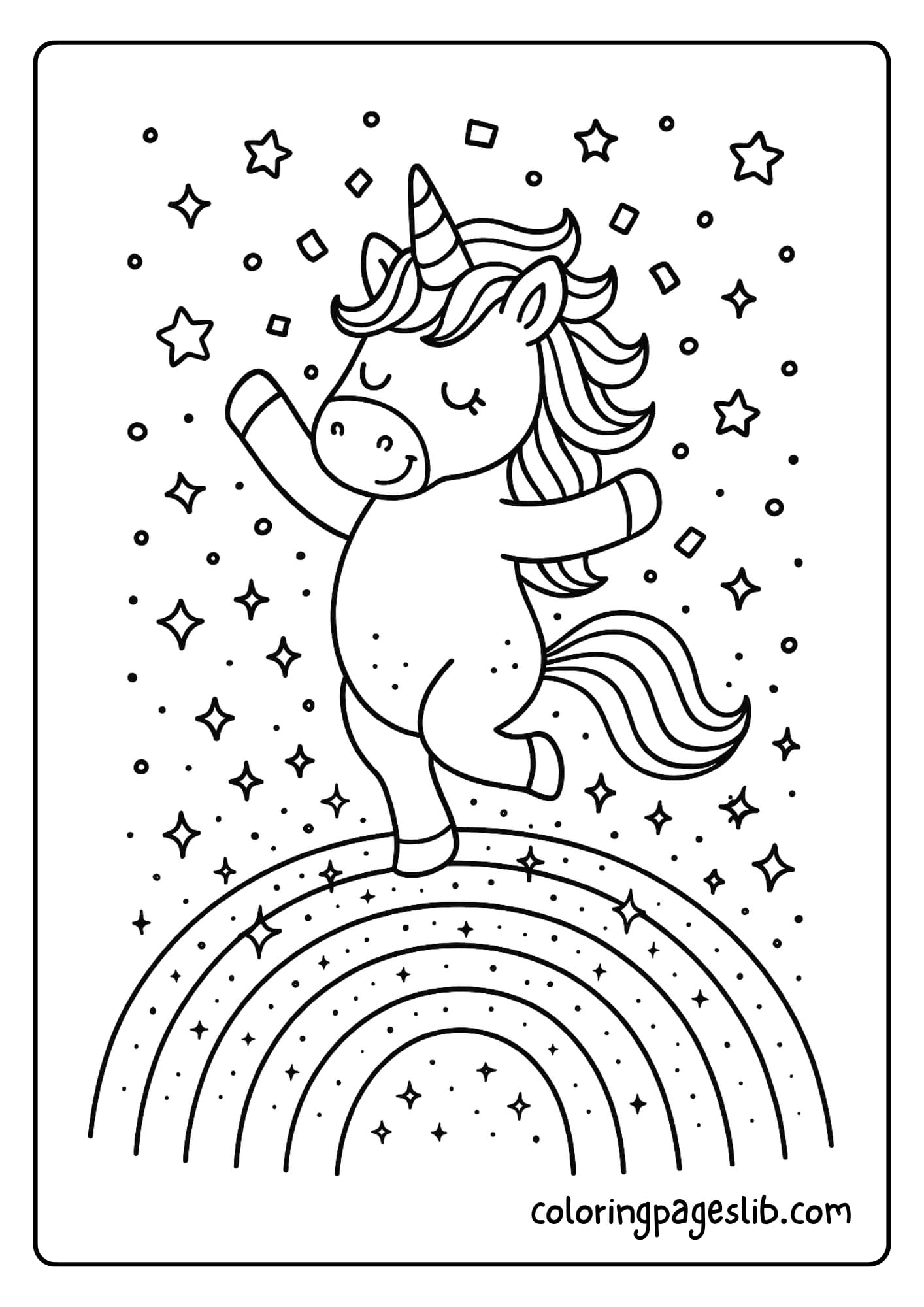 Dancing Rainbow Unicorn Coloring Pages – Twirling on a Rainbow Stage
