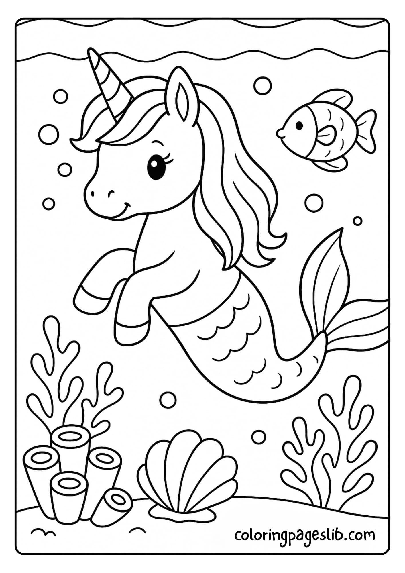 Deep Sea Beauty Mermaid Unicorn Coloring Page