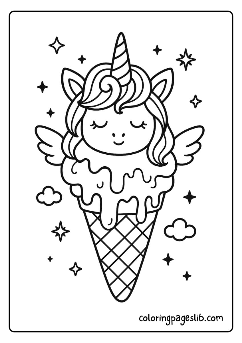 Dreamy Drip Cone – Unicorn Ice Cream Coloring Pages