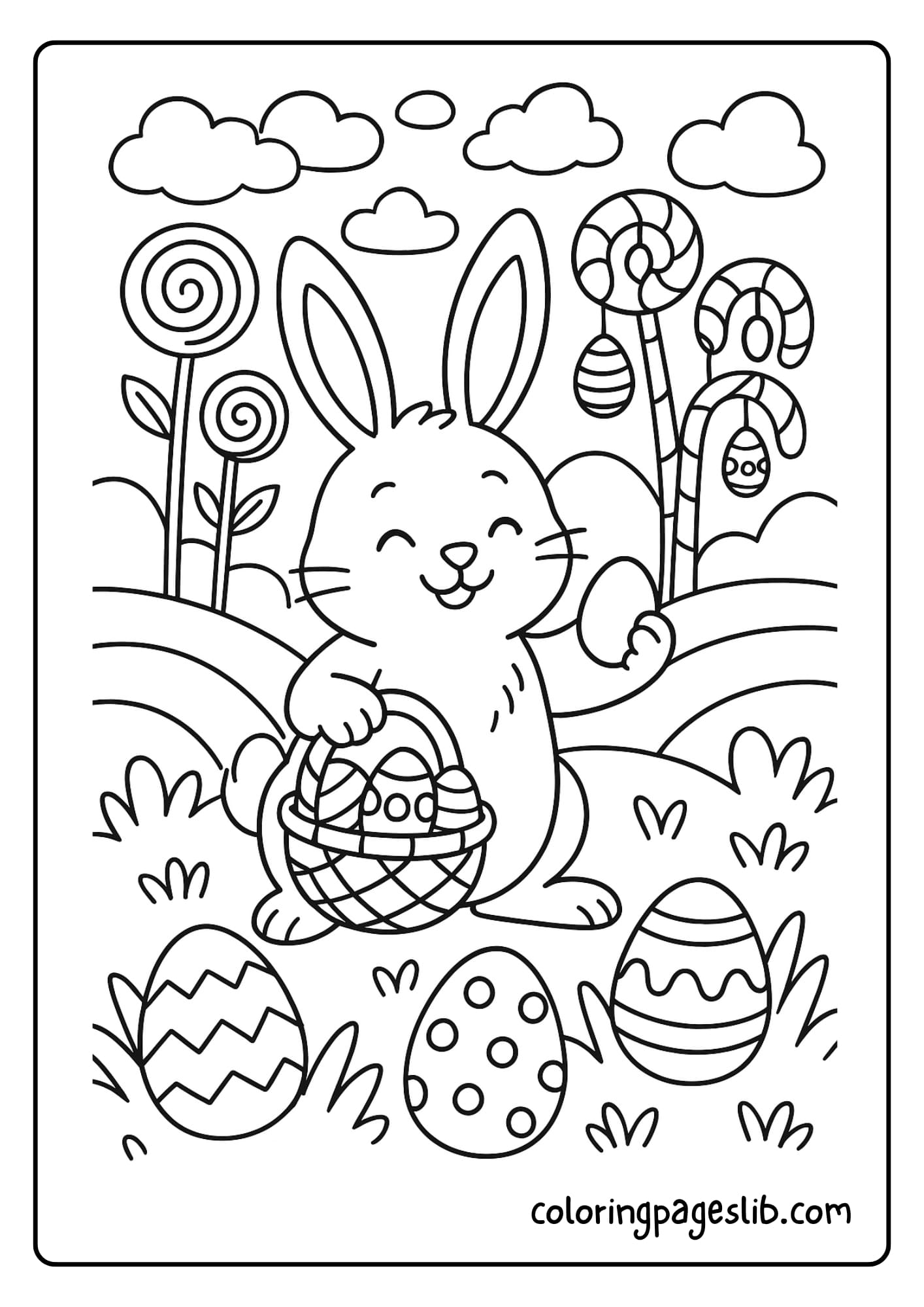 Easter Bunny explores a land where flowers are made of lollipops, and eggs grow on candy cane trees. Marshmallow clouds drift in the sky. The bunny is picking eggs into a chocolate basket