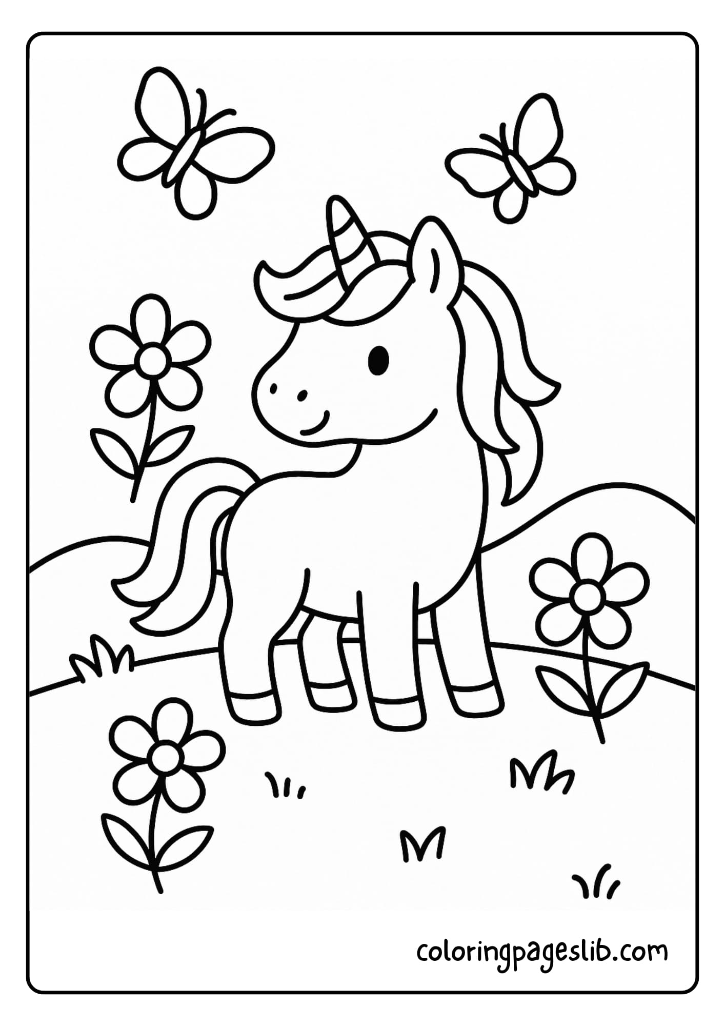 Easy Unicorn Coloring Pages in a Peaceful Meadow