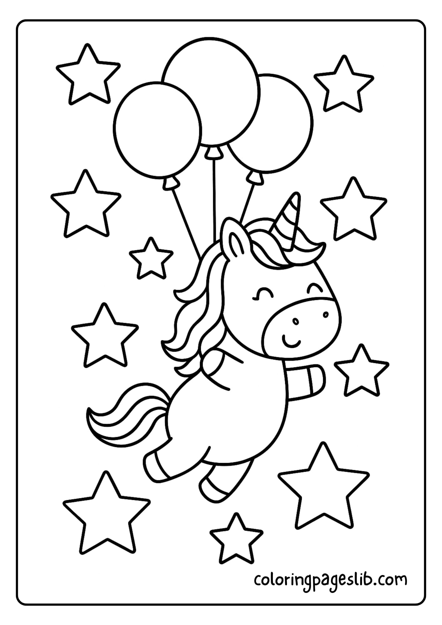 Easy Unicorn Coloring Pages with Balloons and Stars
