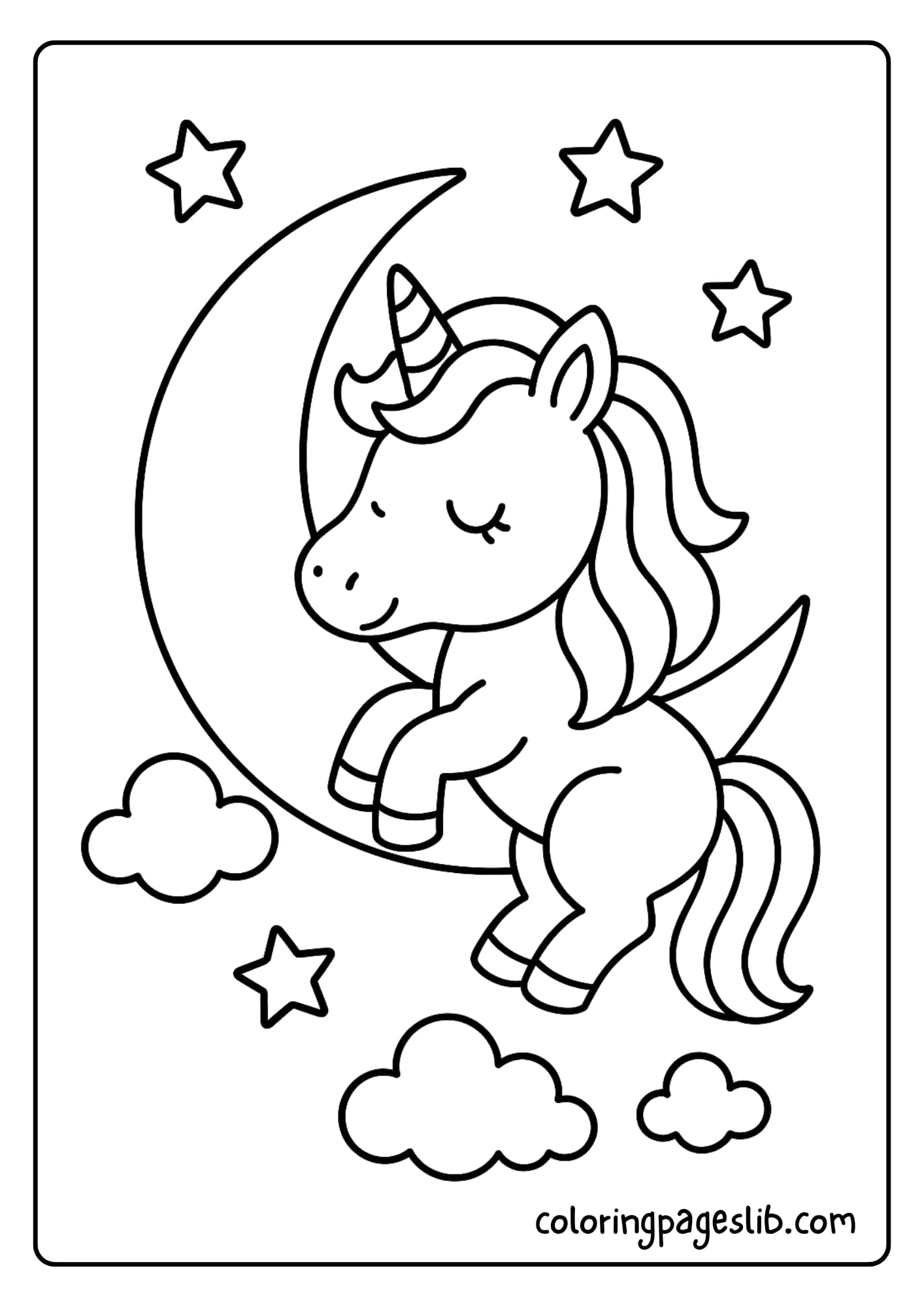 Easy Unicorn Coloring Pages with Unicorn and Moon