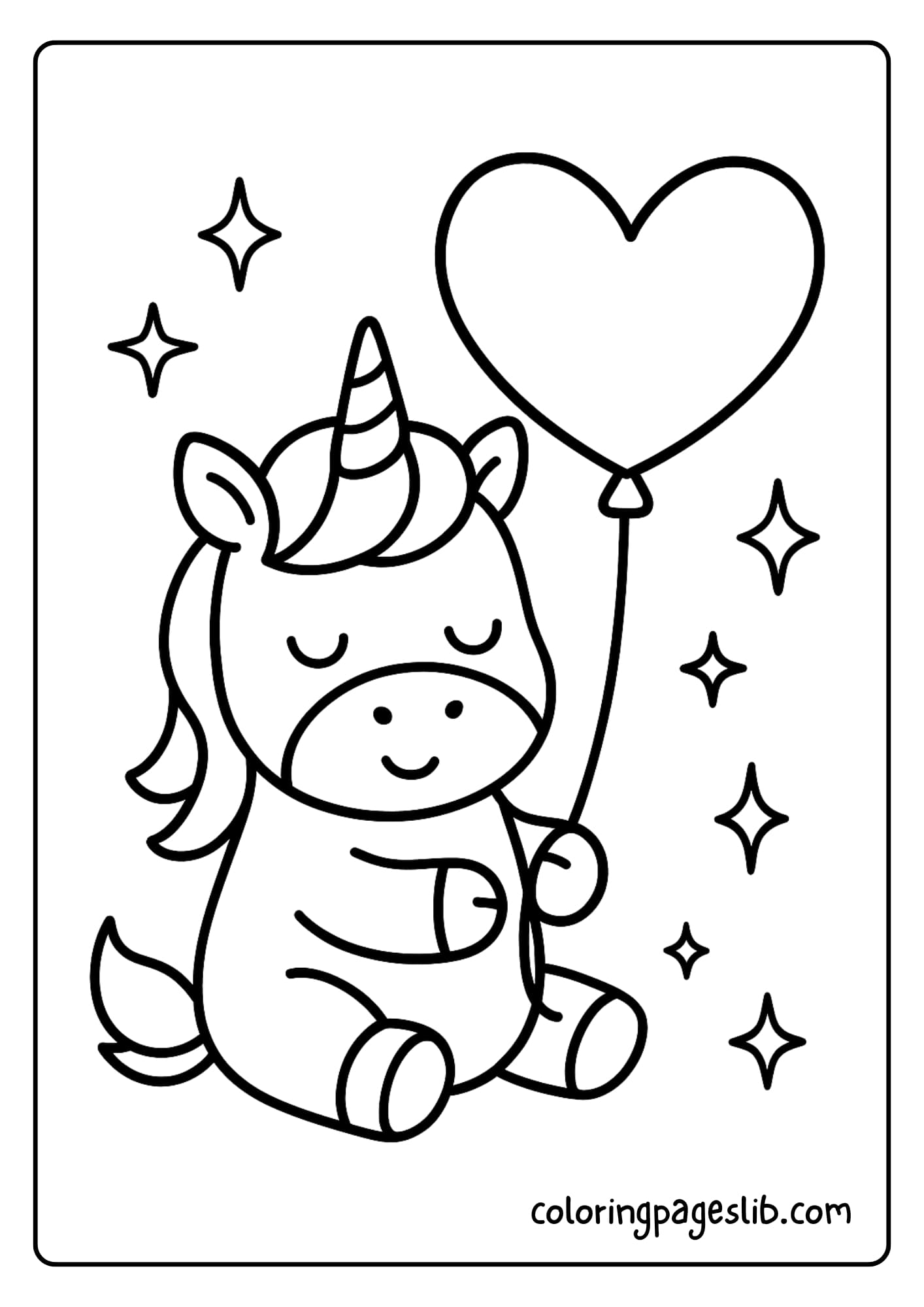 Easy Unicorn Coloring Pages with a Unicorn and a Heart Balloon