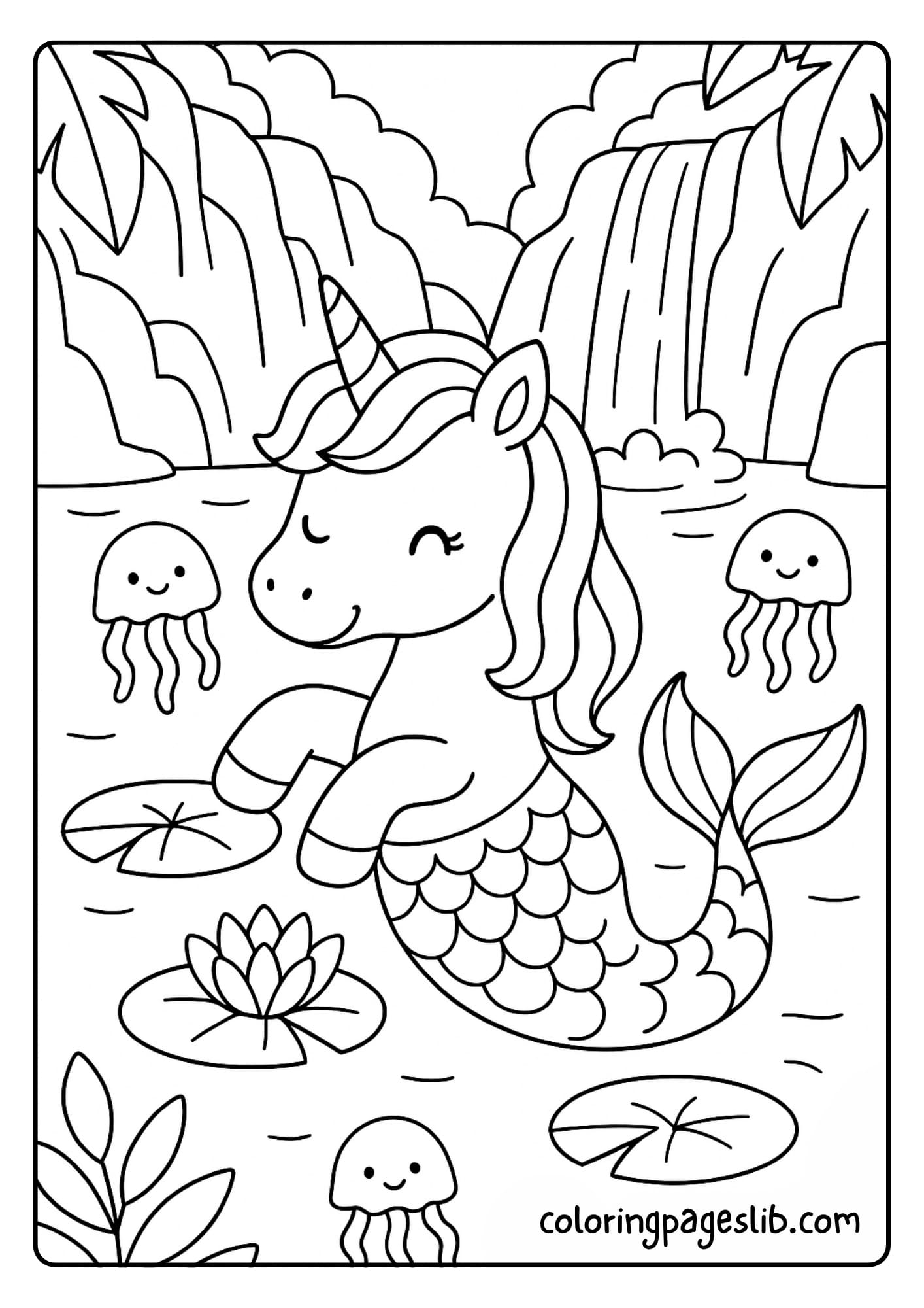Enchanted Lagoon Mermaid Unicorn Coloring Page