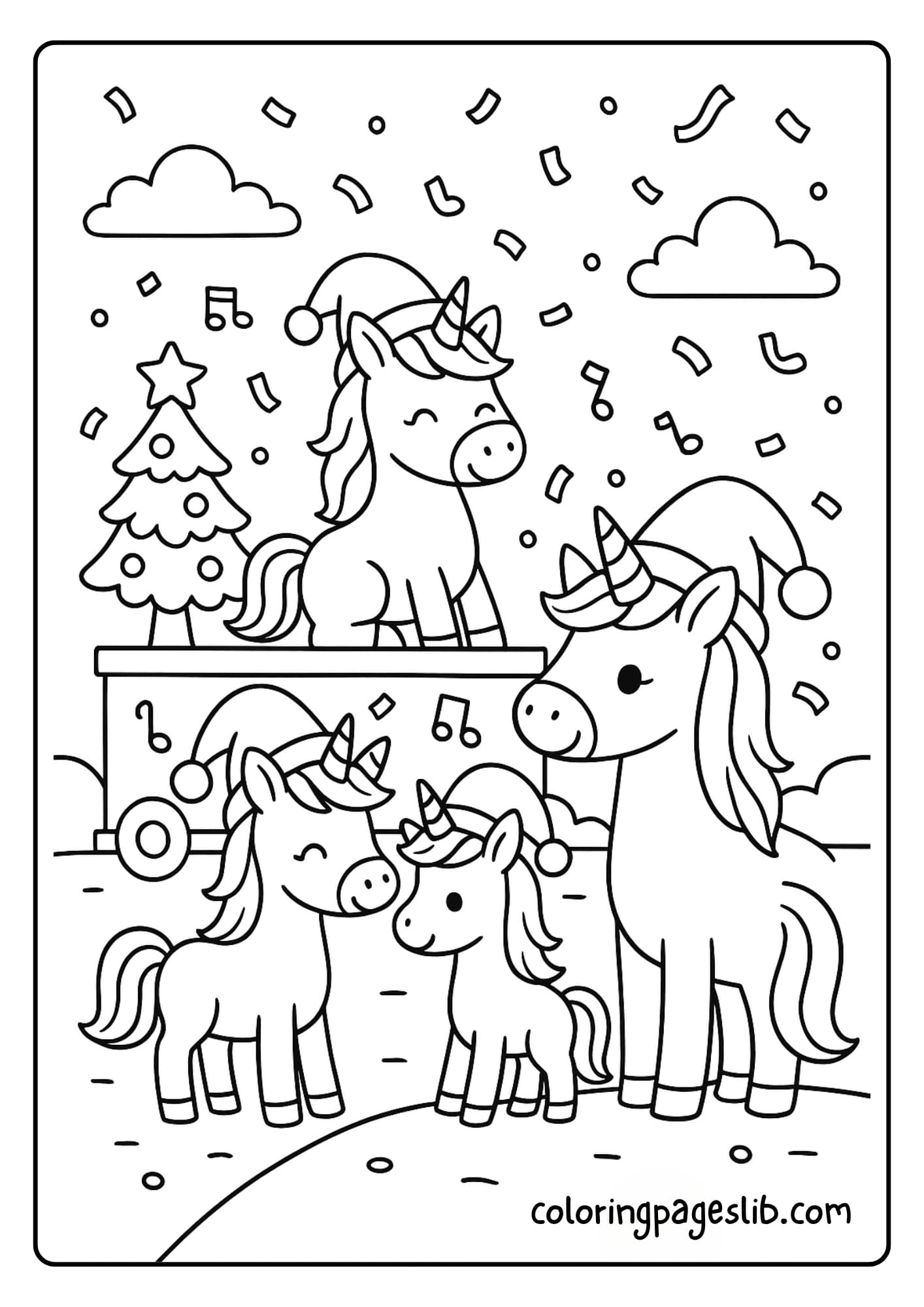 Family of Unicorns Watching Christmas Parade – Cute Christmas Unicorn Coloring Pages