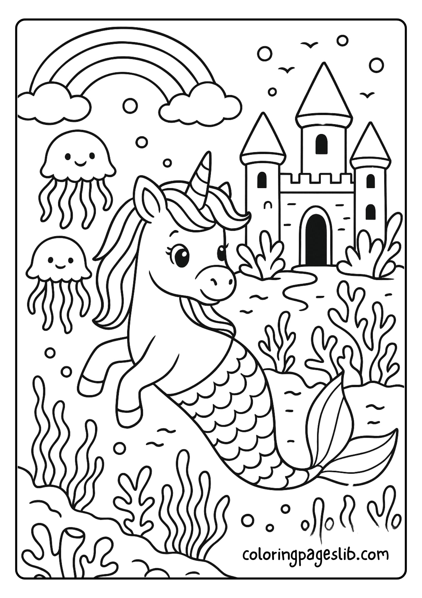 Fantasy Rainbow Unicorn Mermaid Coloring Pages – Exploring an Underwater Castle