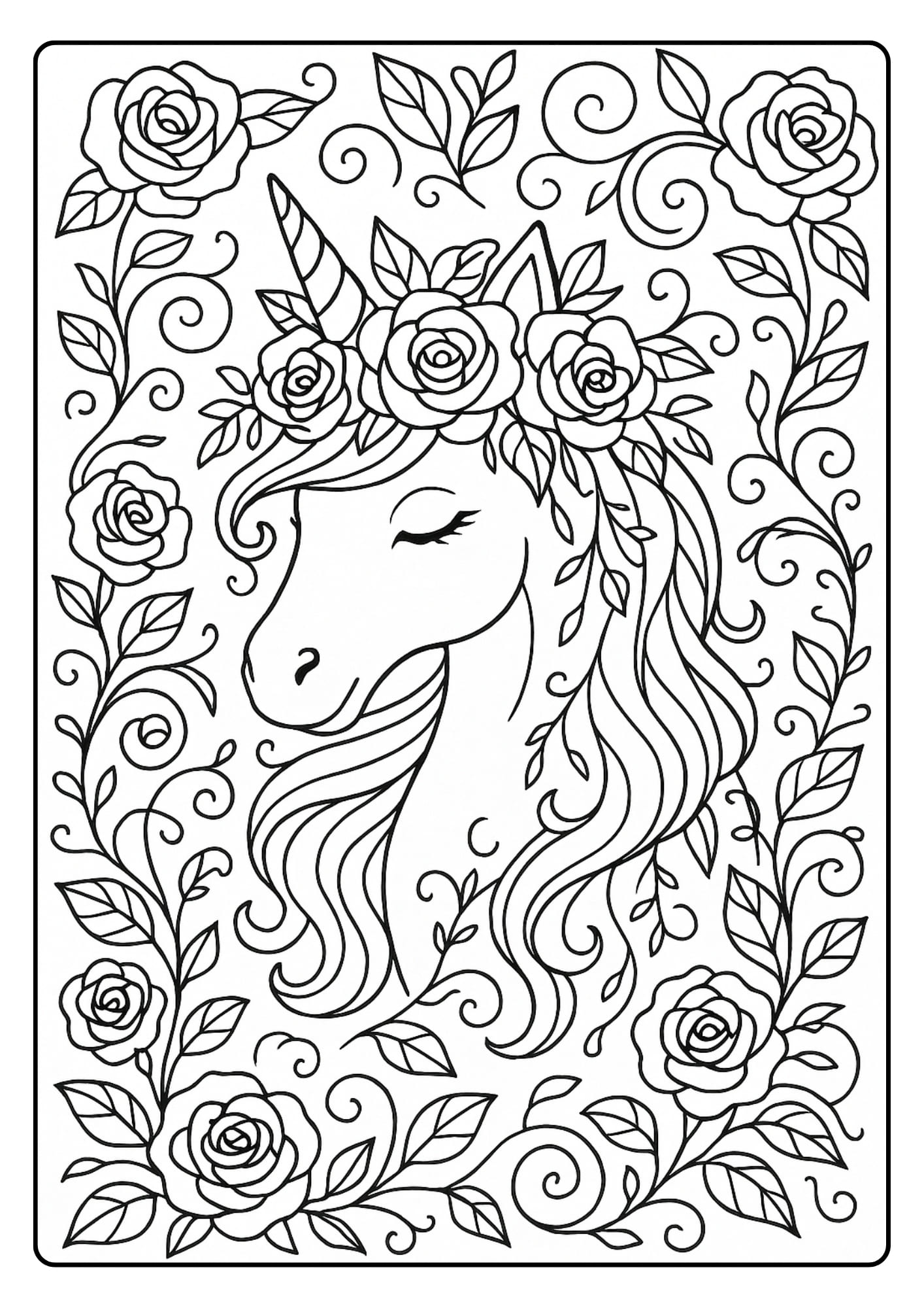 Floral-Themed Adult Unicorn Coloring Pages – Unicorn with Flower Crown and Vines