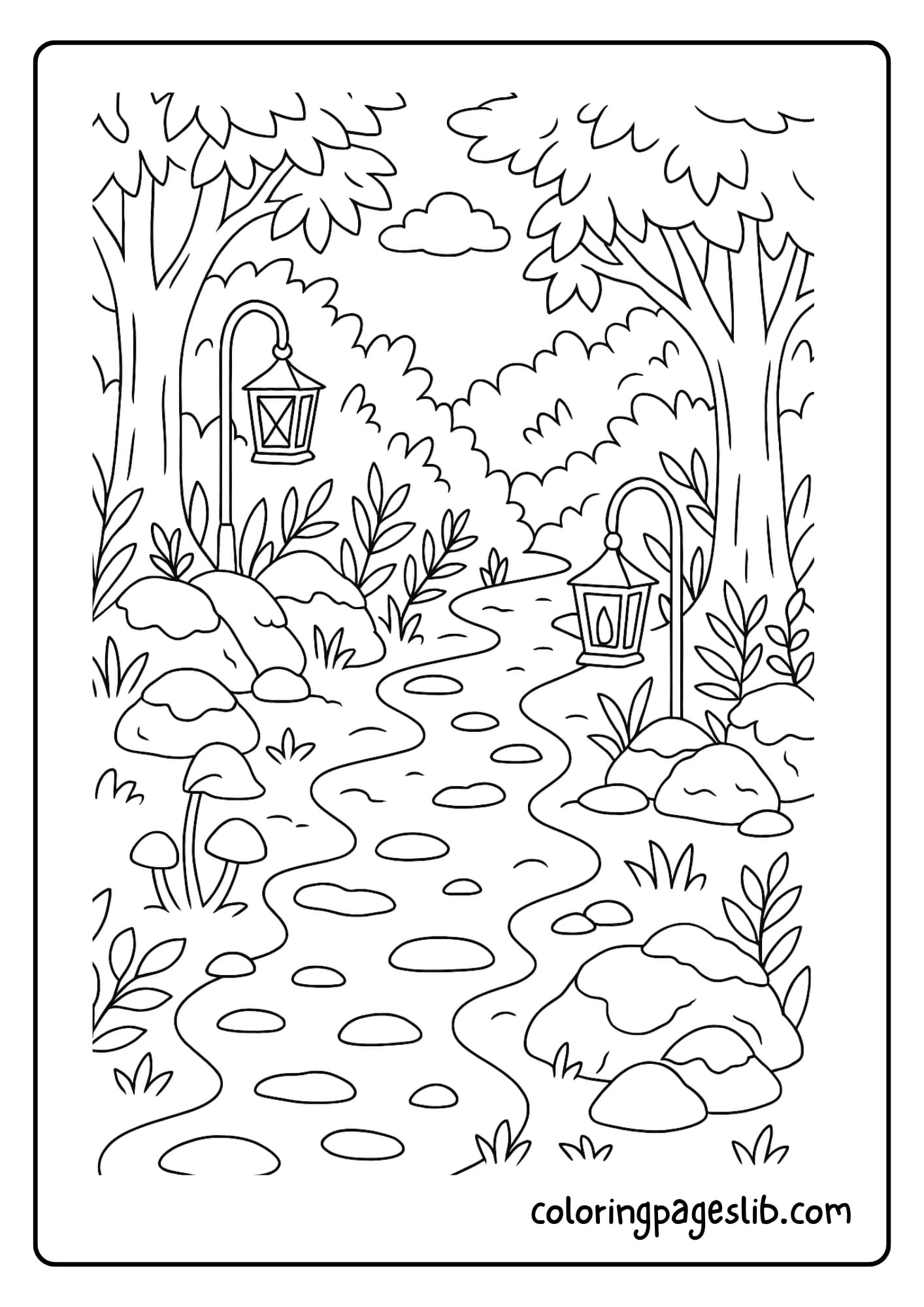 Forest path with lanterns, mushrooms, and mossy stones