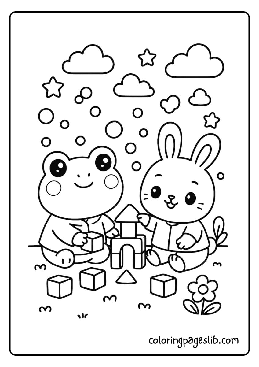 Frog and bunny friend playing with building blocks