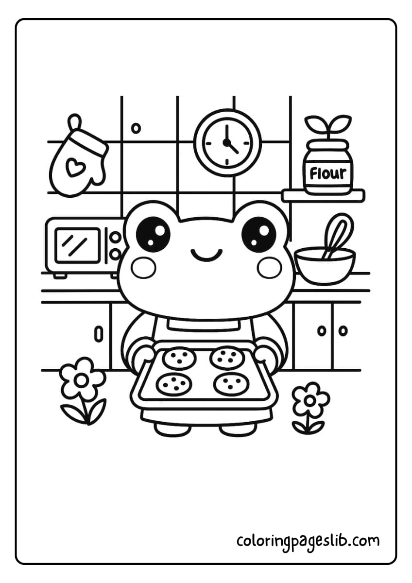 Frog baking cookies in a cozy kitchen
